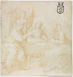 Die Heilige Familie am Tisch von einem Engel bedient von Unknown artist
