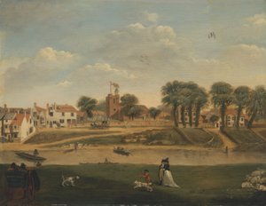 Die alte Pfarrkirche und das Dorf, Hampton-on-Thames, Middlesex, 18. Jahrhundert von Unknown artist