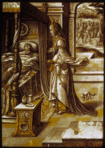 Die phönizische Prinzessin Isebel verspricht ihrem Ehemann Ahab, der verärgert ist, weil er den Weinberg von Naboth nicht bekommen hat, ihn für sie zu beschaffen. Glasmalerei des 16. Jahrhunderts von Unknown artist