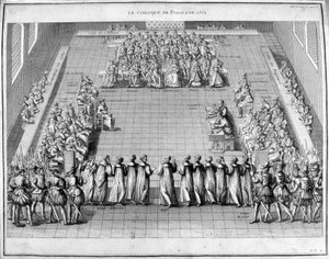Das Poissy-Kolloquium (Poissy) im Jahr 1561. In der Mitte der König von Frankreich Karl IX. (1550-1574) und die Königinmutter Caterina de