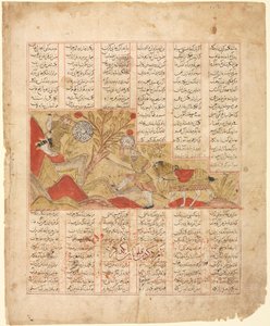 Die Geschichte der zwölf Gesichter. "Die Krieger kämpfen": Illustration aus dem Firdausi Shahnama (verso) von Unknown artist