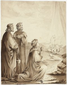 Die drei Weisen, die auf den Stern von Bethlehem zeigen