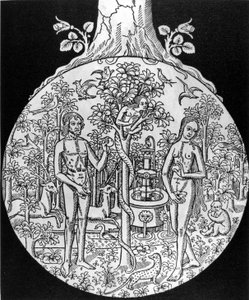 Der Baum der Erkenntnis (Adam und Eva im Paradies) - Gravur, Anfang 16. Jahrhundert, in „L
