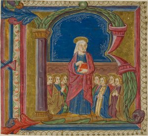 Die Jungfrau von Heiligen in einem verzierten Initial "R" aus einem Antiphonar verehrt