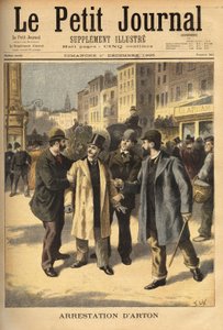 Die Verhaftung von Emile Arton (1859-1905), einem korrupten Makler im Panama-Skandal, der mehrere Jahre auf der Flucht war. Gravur in „Le petit journal“ 1/12/1895. Selvas Sammlung.