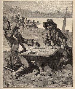 Die Kunst des Edelsteinschleifens: Erfinder der Diamantminen Brasiliens zu Beginn des 18. Jahrhunderts. Goldsucher spielen mit Kristallen als Chips, ohne zu wissen, dass es echte Diamanten sind. Gravur von 1885 in „Les arts et métiers illustrés“ von Adolph