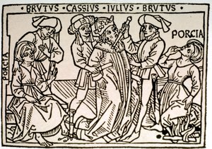 Die Ermordung von Julius Caesar (100-44 v. Chr.): Er wird von Brutus und Cassius erstochen, während Porcia, die Frau von Brutus, verschwindet. Xylographie des 16. Jahrhunderts Rom, Biblioteca Vallicelliana