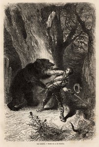 Der Autor, während eines Ausflugs um Jacksonville, wird im Wald von einem zahmen Bären und einer Kette überrascht. Gravur zur Illustration der Geschichte Vier Monate in Florida, von Achille Pousselgue, veröffentlicht in „Le tour du monde“ 1870-1871, heraus von Unknown artist