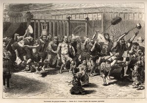 Die Bacchanal der Brauer, an Silvester, nach Erhalt ihres Gehalts und Festen, marschieren sie in einer fröhlichen und lauten Prozession in Edo (heutiges Tokio), ausgestattet mit einem riesigen Sake-Fass und einem langen Staubwedel, um die Decken zu schiebe