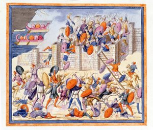 Die Schlacht auf beiden Seiten der von den Griechen errichteten Mauern. Die Ilias, Gesang XII, Gravur aus dem späten 18. Jahrhundert von Unknown artist