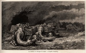 Die Kamelkarawane in einem Sandsturm namens Tebbad. Zeichnung von Emile Bayard (1837-1891), zur Illustration der Reise nach Zentralasien, 1863, von Arminius Vambery (ungarischer Wissenschaftler verkleidet als Derwisch). Gravur in „Le tour du monde“, heraus von Unknown artist