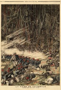 Die Eroberung von Thiassale (Elfenbeinküste) durch Hauptmann Jean Baptiste Marchand (1863-1934), Kommandant der Kolonialtruppen, mit einer Truppe von 115 Mann kämpften sie gegen die Baoule-Krieger zwischen dem Bendama-Fluss und dem Urwald. Gravur in „Le p von Unknown artist