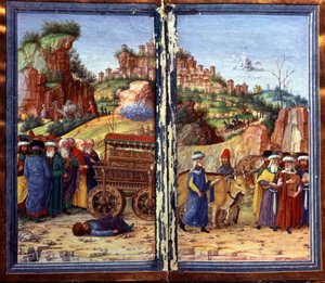 Der Transport der Heiligen Bundeslade, gefolgt von David, der das Psalter spielt; Ozam, der versucht hatte, sie zu halten, liegt tot am Boden. Davids Psalter von Unknown artist