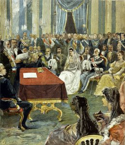 Die standesamtliche Trauung des Prinzen von Neapel - später Viktor Emanuel III. - mit Prinzessin Helene von Montenegro im Quirinalspalast 1896. In der Mitte ist Humbert I. links von der Braut zu sehen
