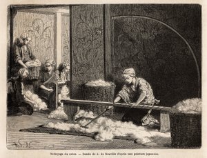 Die Reinigung von Baumwolle, in einer Werkstatt im nördlichen Bezirk von Yedo (oder Edo, dem heutigen Tokio), da Japan noch keine Fabrik hat, wird diese manuelle Arbeit den Frauen übertragen, die ihre Aufgabe gemeinsam in einem häuslichen Umfeld ausführen. von Unknown artist