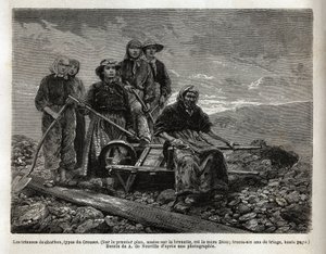 Die Kohlesortierer, Typ von Creusot; im Vordergrund, sitzend auf der Schubkarre, die älteste der Sortierer, die Mutter Dion, 36 Jahre Sortierung. Gravur zur Illustration einer Reise nach Creusot und den Minen von Saône und Loire, 1865, von L. Simonin, in „