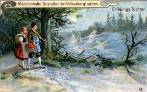 Die Töchter des Königs der Elfen. Wunderbare Figur der deutschen Mythologie. Chromolithographie des 19. Jahrhunderts von Unknown artist