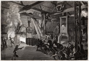 Der Schlagzeuger Hammer (Schlagzeuger) hat die Schmiede großer Werke; das riesige Stück zum Schmieden kommt aus dem Ofen, blendende Männer manövrieren, um es unter den Trommelstock zu bringen. Gravur zur Illustration einer Reise nach Creusot und den Minen 