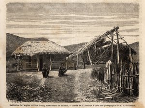 Die Wohnung und Werft eines englischen Bauherrn in Noumea, der indigene Arbeitskräfte einsetzt. Gravur zur Illustration der Reise nach Neukaledonien, von Jules Garnier, 1868