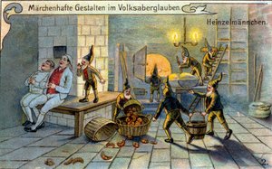 Die Elfen, wunderbare Figuren der Volkstradition: Sie bereiten Brot, während die Bäcker schlafen. Chromolithographie aus dem 19. Jahrhundert von Unknown artist