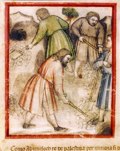 Die neidischen Philister füllen die ausgehöhlten Brunnen von Isaac (Miniatur aus dem Codex 212)