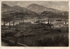 Die Fabriken des Taff-Tals. Zeichnung von Durand Brager, zur Illustration eines Besuchs der großen Fabriken in Wales im Jahr 1862, von L. Simonin. Gravur in „Le tour du monde“, herausgegeben von Edouard Charton von Unknown artist