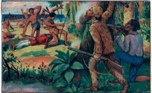 Der Kampf mit den Wilden. Illustration für das Buch von Daniel Defoe „Robinson Crusoe“. Chromolithographie aus dem späten 19. Jahrhundert von Unknown artist