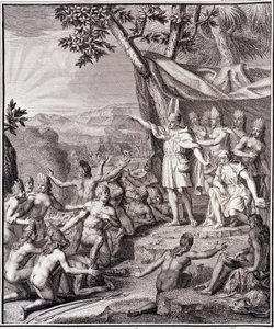 Der erste Inka Manco Capac und Königin Coya Mama Oello Huaco, seine Frau, beide Kinder der Sonne, versammeln die Wilden - in „Historische Reise durch Südamerika im Auftrag des Königs von Spanien“ von Don Georges Juan & Don Antoine de Ulloa, T.II, ed. Jombe von Unknown artist
