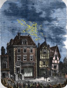 Der erste Blitzableiter, errichtet von Benjamin Franklin (1706-1790) auf einem Haus in Philadelphia (USA). 1760 von Unknown artist