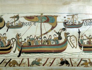 Die Flotte von Wilhelm I. dem Eroberer (1027-1087) überquert den Kanal nach England. Bayeux-Tapete oder Stickerei von Königin Mathilde von Unknown artist