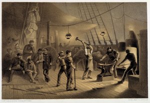 Die Schmiede an Deck. Nacht des 9. August, Vorbereitung der Eisenplatten für den Spill - in "Das Atlantische Telegraphenkabel" von W. H. Russel, ca. 1860