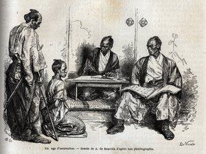 Der Untersuchungsrichter bei der Ausübung seiner Pflichten, kniend vor ihm, beschuldigt ihn ein Samurai. Gravur zur Illustration der Reise nach Japan 1863-1864, von Aimé Humbert, Minister der Schweizerischen Eidgenossenschaft, in „Le tour du monde, nouveau von Unknown artist