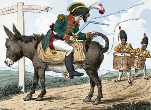 Die Reise eines modernen Helden zur Insel Elba. Diese Karikatur zeigt Napoleon Bonaparte, der auf einem Esel auf dem Weg von Fontainebleau zur Insel Elba sitzt; er hält ein zerbrochenes Schwert in einer Hand und die Zügel in der anderen