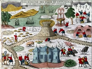 Das Land der Kokagne (Cuccagna): ein imaginäres Land, in dem man ohne Arbeit und Sorgen in Überfluss und Freude lebt: Baum mit frischen Früchten, Silberfluss, goldene Berge, Gefängnisse für Arbeiter, Regen von gebratenen Hühnern, Kanonen, die Flaschen schi