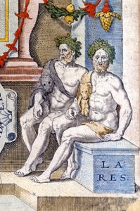 Die Lares-Götter: Sie schützen das Haus und seine Bewohner (sie sind die Geister der Vorfahren). Gravur des 16. Jahrhunderts