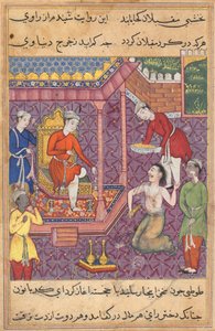 Der als Brahmane verkleidete Magier kehrt zurück, um seine „Schwiegertochter“ zu beanspruchen, aus einem Tuti-nama (Geschichten eines Papageis): Fünfunddreißigste Nacht