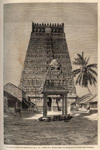 Das Haupt-Gopuram des Rama-Tempels in Combaronum, bestehend aus 11 Stockwerken und gekrönt von 11 Kugeln, die verschiedenen Seiten dieses pyramidenförmigen Turms sind vollständig mit Statuen bedeckt. Gravur zur Illustration der Reise in die südlichen Provi