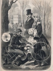 Der Ein-Mann-Orchester der Champs-Élysées in Paris. Er trägt einen Glockenhut, eine Rollkiste auf dem Rücken, Becken an den Knien und spielt die Geige. Gravur in „Le Monde illustré“ von 1862. Private Sammlung. von Unknown artist