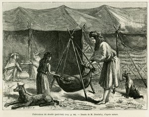 Die Herstellung von Milch durch die Frauen der Hirten der Region Karoun. Gravur zur Illustration der Geschichte „La Perse, la Chaldée et la Susiane“ von Jane Delafoy (1851-1916), Akademieoffizier, in Le Tour du monde 1886, unter der Leitung von Edouard Cha