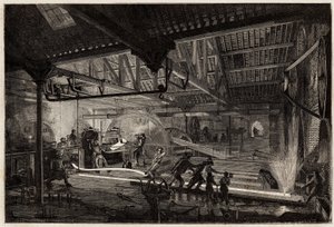 Die Herstellung der Schienen in den alten Schmieden von Le Creusot, die Stahlstreifen, weiß vor Hitze, werden zwischen den Walzwerken zu Schienen gestreckt. Gravur zur Illustration einer Reise nach Le Creusot und den Minen von Saone und Loire, 1865, von L. von Unknown artist