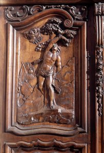 Das Martyrium des heiligen Sebastian, (Detail) der geschnitzten Holztür der Kirche der unbefleckten Empfängnis, Menton. von Unknown artist