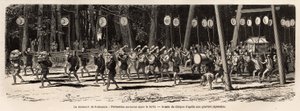 Das Matsouri (Jahrmarkt, Prozession) des Roksamia, Kami-Tempel in der Nähe von Yedo (oder Edo, dem heutigen Tokio), am 5. Tag des 5. Monats des Jahres, die Menge versammelt sich, um Heilkräuter im Wald zu sammeln und am Abend organisieren die Priester ein