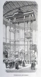 Der mechanische Aufzug des Ingenieurs Edoux auf der Weltausstellung 1867 - Gravur