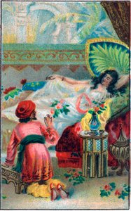 Der Prinz und die Prinzessin. Märchen „Histoire du cheval enchanté“ in „Les mille et une nuits“ (die 1001 Nächte oder Le mille e una notte, Arabian Nights). Chromolithographie aus dem späten 19. Jahrhundert.