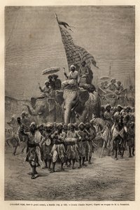 Das königliche Banner, in der Sowari (Militärprozession), in Baroda (oder Vadodara), Bundesstaat Gujarat an der Nordostküste Indiens. Gravur zur Illustration der Reise in Indien der Rajahs, von Louis Rousselet, veröffentlicht in „Le tour du monde, nouveau 