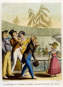 Das Sprichwort: „Ein Affe, selbst in Seide gekleidet, bleibt ein Affe“ (Der Mantel macht nicht den Mönch). Illustration aus einer Sammlung von Sprichwörtern des 18. Jahrhunderts