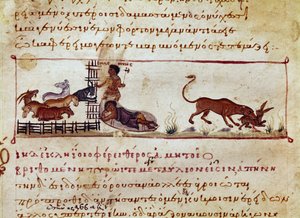 Die Schafzucht, rechts wird ein Hase von einem Miniaturtier verschlungen, aus „Die Cynegetik“ von Oppian von Syrien (3. Jahrhundert n. Chr.) gewidmet Caracalla. 11. Jahrhundert Venedig, Biblioteca Marciana von Unknown artist