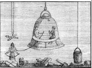 Die kleine Glocke auf den Schultern des Mannes links (der Luft von der größeren Glocke erhält) kann als Vorläufer des Helms eines Anzugs betrachtet werden. Sd. Gravur aus dem 17. oder 18. Jahrhundert.