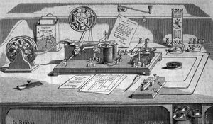 Der Telegraph, erfunden vom amerikanischen Erfinder Samuel Finley Breese Morse (1791-1872). Gravur aus dem 19. Jahrhundert
