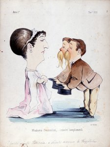 Die Zwillingsbrüder Pelliccia empfingen Erminia Frezzolini, die italienische Sopranistin (1818-1884). Karikatur aus dem 19. Jahrhundert. von Unknown artist